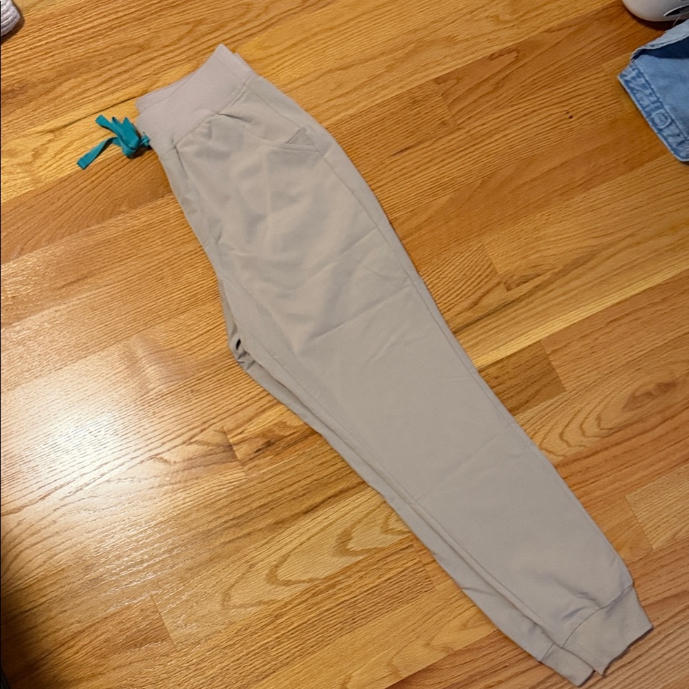 Beige Jogger Pants with Teal Drawstring